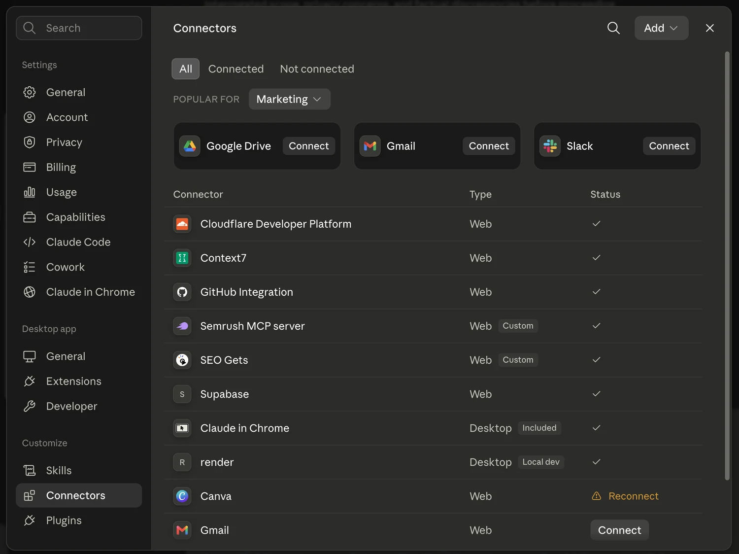 The Connectors panel in Claude's settings, showing Cloudflare, Context7, GitHub, Semrush, SEO Gets and Supabase connected