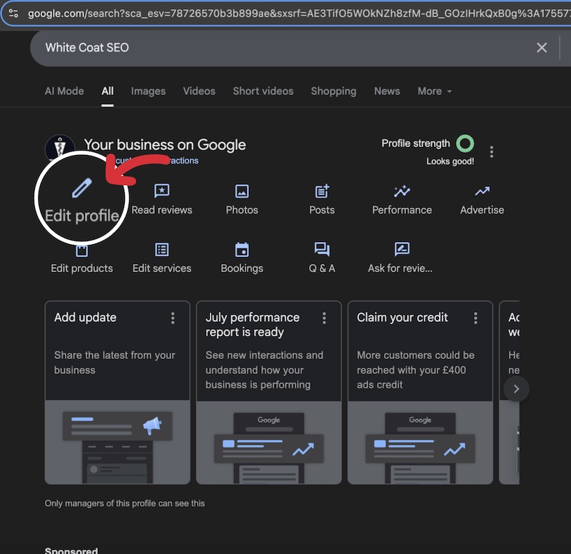 Edit profile highlighted on Google Business Profile