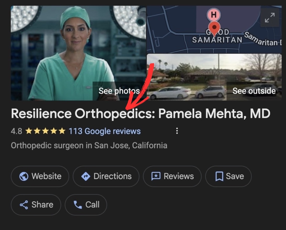 Resilience Orthopedics in Google Map Pack