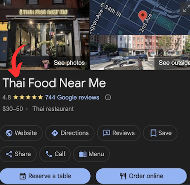 Thai Food Near Me in Google Map Pack