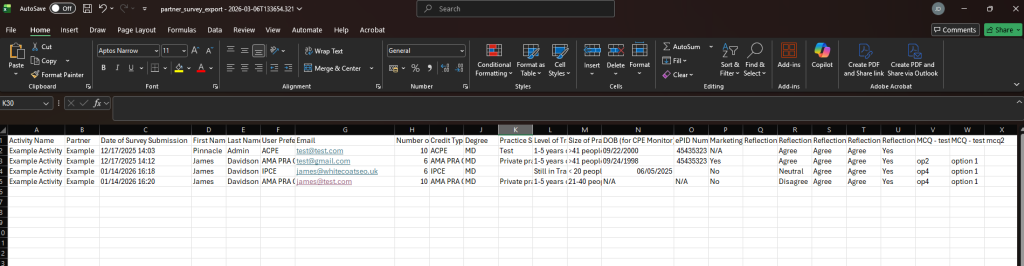 Partner survey export spreadsheet with responses, credit types and demographics